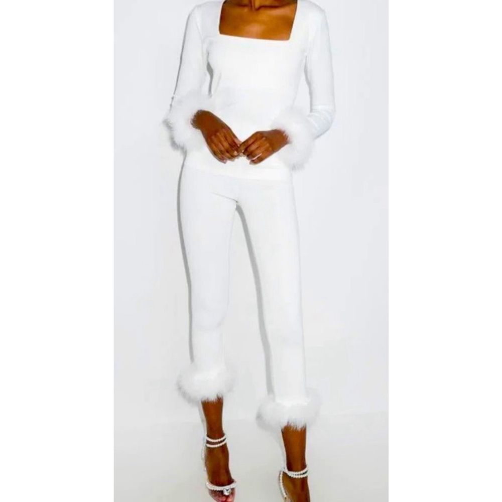 Elegant White Pajama Set with Fur Trim